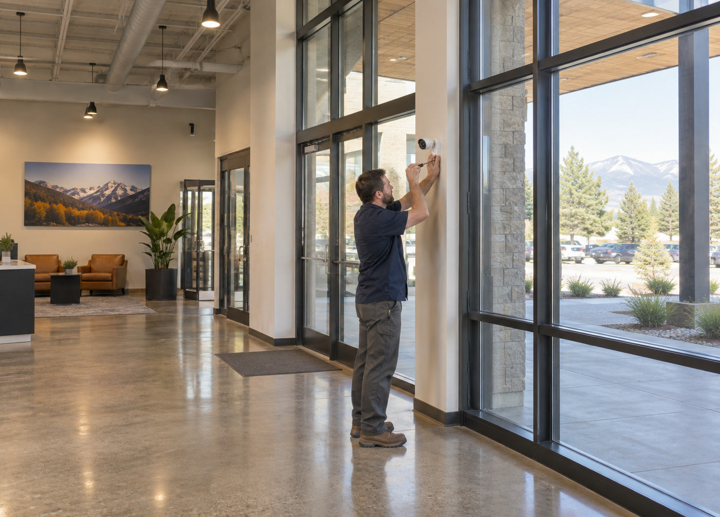 Technician installing a security camera at a commercial entrance