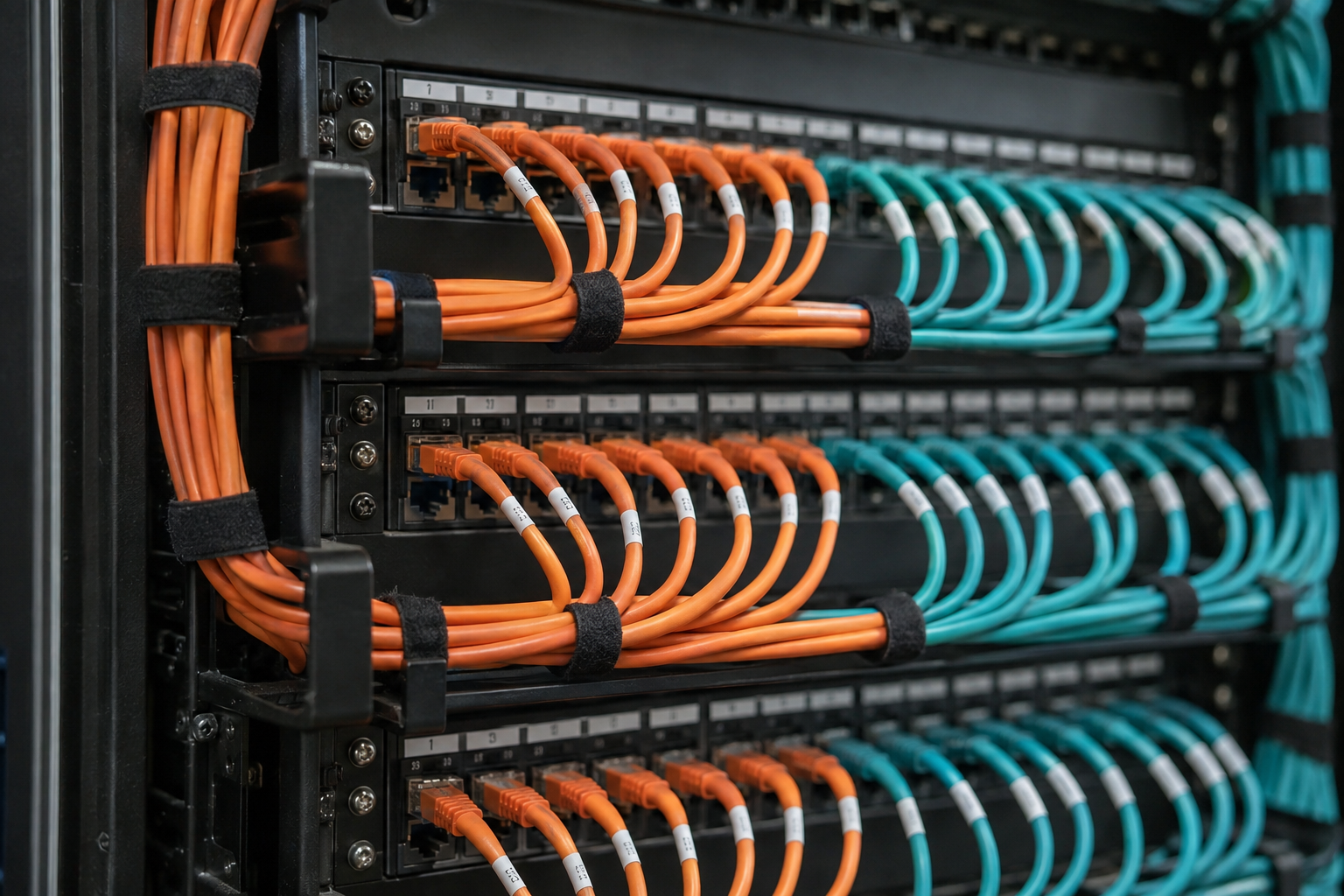 Neatly arranged orange and teal Ethernet cables connected to network patch panels